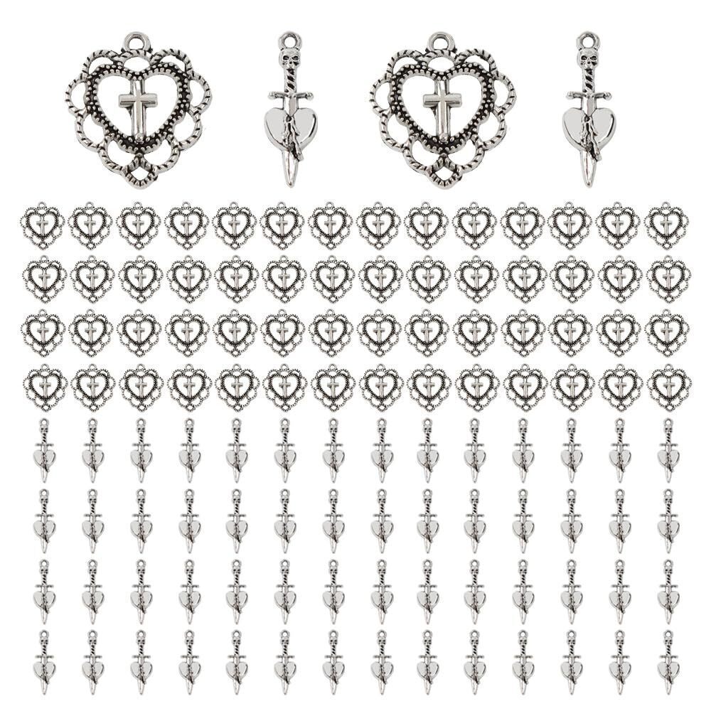 1566 100Pcs Silver Plated Hollowed Out Heart Charms Cross Pendants
